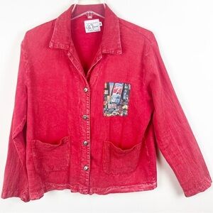 Vintage Michael Leu Artsy Red Cotton Button Down Shirt Times Square Art To Wear